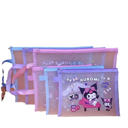 Sanrio Mesh Pen Bag Kuromi Cinnamoroll Cartoon Student Waterproof Storage Bag Translucent Matte Student Supplies