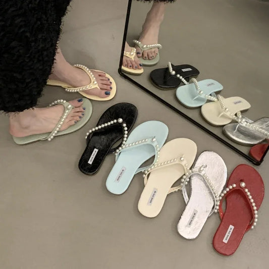 Woman Fashion Flip Flops 2025 Summer New Korean Style Soft Bottom Anti-slippery Versatile Princess Beading Simple Beach Slippers