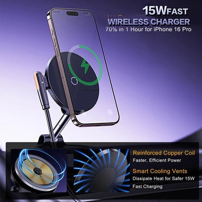 Foldable Magnetic Car Mount Mobile Phone Holder Wireless Charger Vacuum Adsorption Stand for iPhone 16 15 14 13 12 for MagSafe