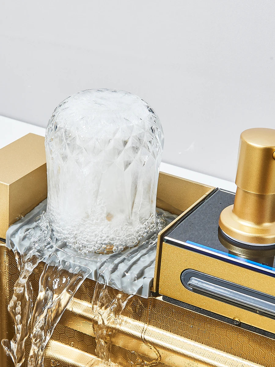 304 Stainless Steel Waterfall Kitchen Sink Large Single Slot Integrated Digital Display Faucet Set Soap Dispenser Cup Washer