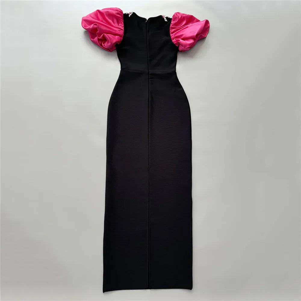 Women Elegant Puff Sleeve Bandage Dress Sexy Beading Bodycon Clothes Celebrity Party Evening Maxi Dresses