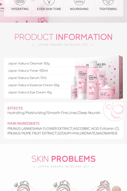 LAIKOU Sakura Kit Skin Care Sets Moisturizing and Reducing Fine Lines Cleansing Pore Product 5-Piece Korean Skincare Set