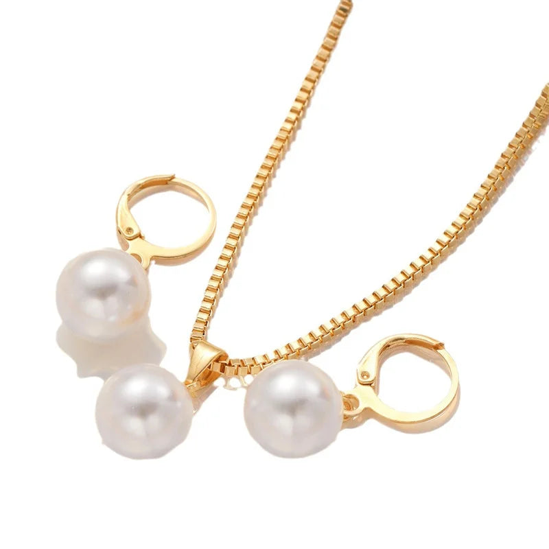 3 Pcs Round Pearl Jewelry Set Of Earring Pendant Necklace For Women Exquisite Fashion Rhinestone Double Wedding Jewelry Set Gift