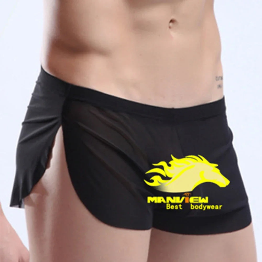 Mens Sexy Underwear Wet Look Lingerie Breathable Pouch Boxer Shorts Side Split Trunks Quick Dry Underpants Ultra Thin Panties