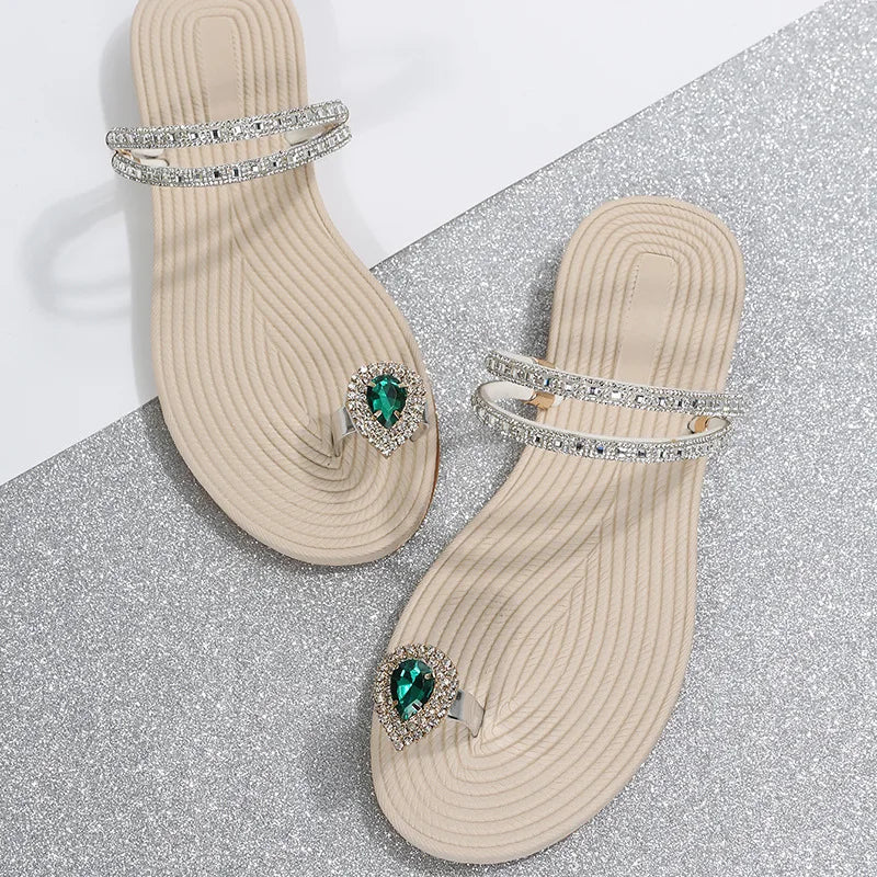 Flip-flops women 2024 summer new two-wear beach sandals European and American rhinestones soft soles flat slippers