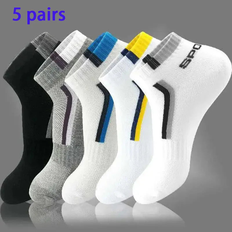 5 Pairs/pack of "Sports" MEN'S Summer Socks, Personalized Boat Socks, Breathable Mesh, Youth Student Socks, Mixed Colors