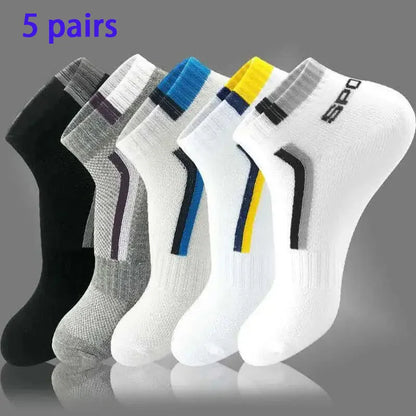 5 Pairs/pack of "Sports" MEN'S Summer Socks, Personalized Boat Socks, Breathable Mesh, Youth Student Socks, Mixed Colors