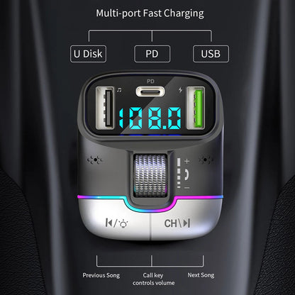 Bluetooth 5.3 Car FM Transmitter Wireless Bluetooth Car Adapter MP3 Player Handsfree Call Dual USB PD Fast Charger Roller Wheel