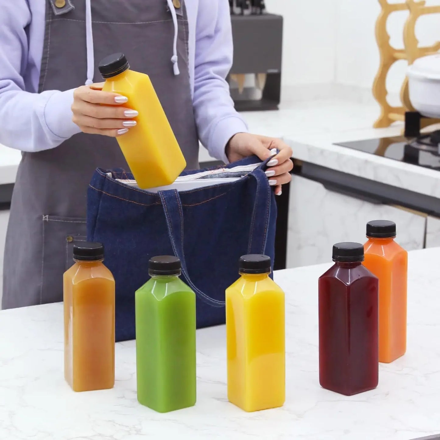 2 Pcs or 6 Reusable Plastic Juice Bottles with Lid - 5 Oz, 8 Oz, 12 Oz, 16 oz - Great for Smoothie, Milk, Etc. - Easy to Clean and Supplement - Leak-Proof for Bpa