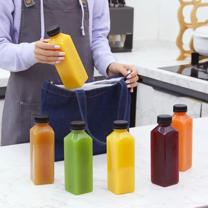 2 Pcs or 6 Reusable Plastic Juice Bottles with Lid - 5 Oz, 8 Oz, 12 Oz, 16 oz - Great for Smoothie, Milk, Etc. - Easy to Clean and Supplement - Leak-Proof for Bpa