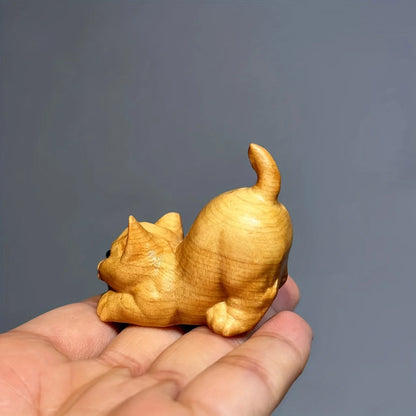 Adorable Hand-carved Wooden Kitten Ornament - Handmade Artisan Charm for Desktop Decor, Heartwarming Tea Pet Pendant
