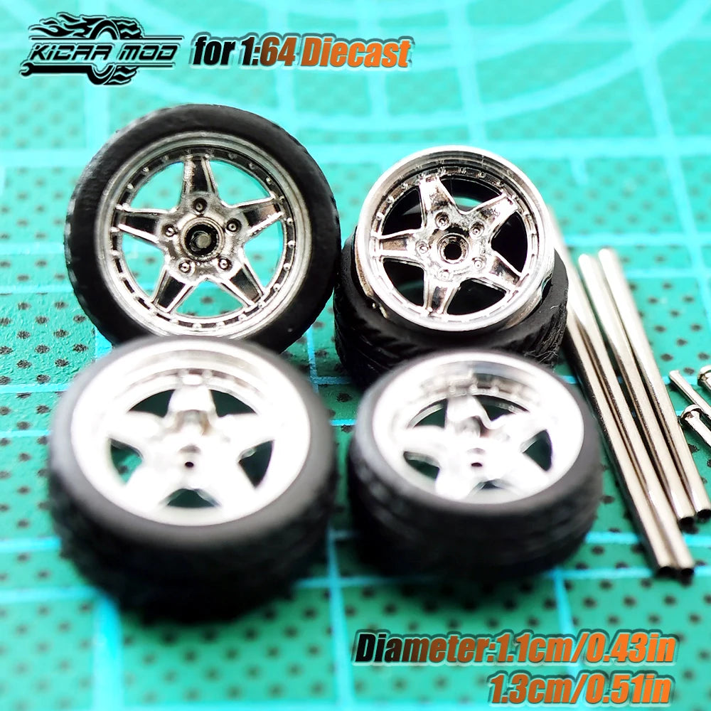 Kicarmod 1/64 Model Car ABS Wheels with Rubber Tire Metal Rims Front Small Rear Large Refitting Parts For Model Car Hot Wheels