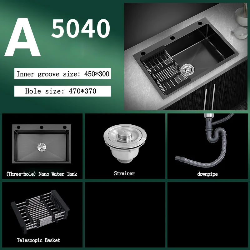 kitchen sink Black nano-sink single-slot household hand-washing basin kitchen large 304 stainless steel sink sink bowl