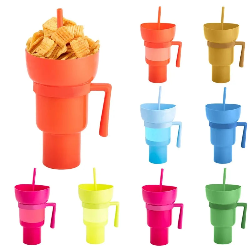2 in 1 Popcorn Beverage Cup Snack 1000ML Straw Cup with Handle Water Bottles with Straw Coffee Cup Mug Leak-Proof For Kids Adult