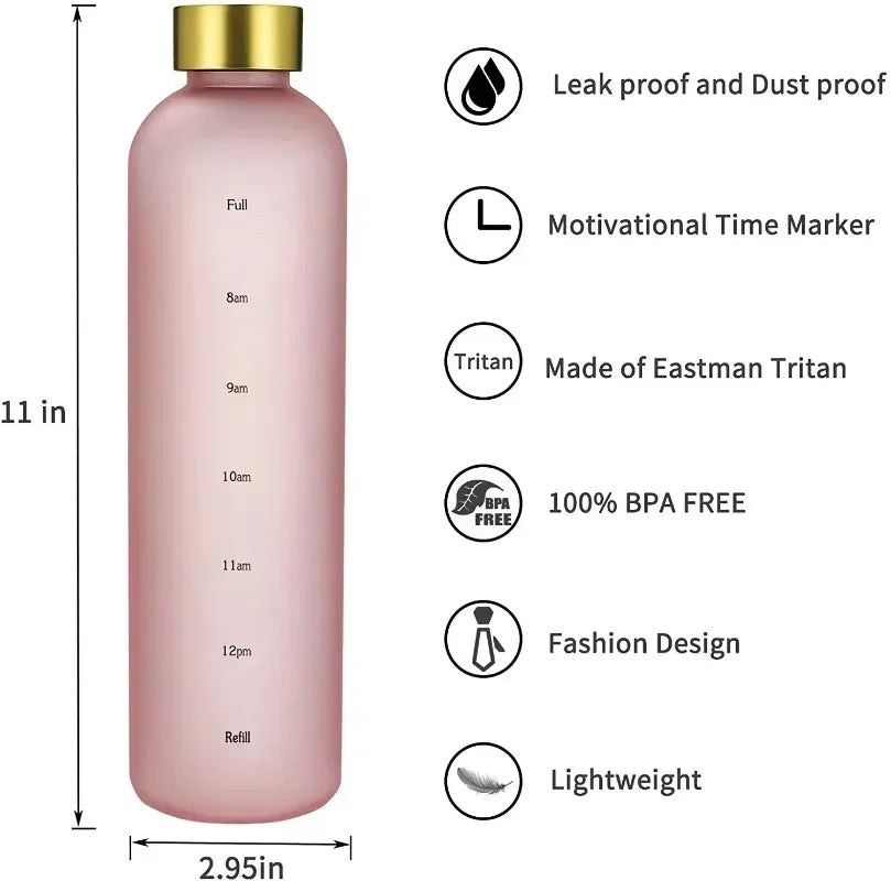 1L Water Bottle with Time Marker 320Z Large Capacity Reusable Fitness Sports Outdoors Travel Leakproof BPA Free Frosted Plastic