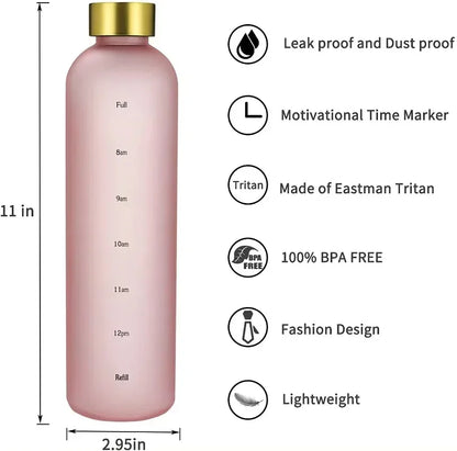 1L Water Bottle with Time Marker 320Z Large Capacity Reusable Fitness Sports Outdoors Travel Leakproof BPA Free Frosted Plastic
