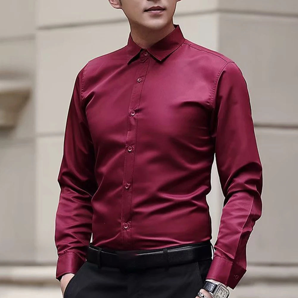 New Men\'s Long Sleeve Drill Button Shirts Tight Business Formal Social Wrinkle Lapel Casual Solid Simple Fashion Male T-shirts