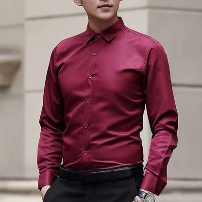 New Men\'s Long Sleeve Drill Button Shirts Tight Business Formal Social Wrinkle Lapel Casual Solid Simple Fashion Male T-shirts