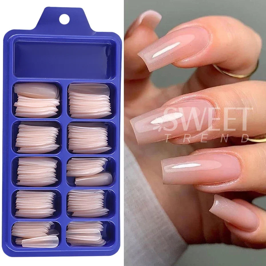 100pcs Nude Pink False Nail Press On Nails Acrylic Extension Coffin Forms Nail Tips Artificial Long Full Cover Fingernails Tools
