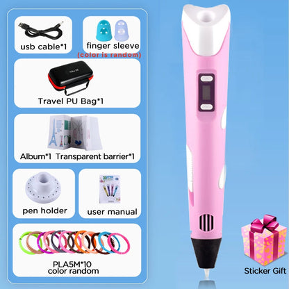 3D Printing Pen 9/50/100/200M PLA Filament LED Display With PU Case DIY Drawing Pens Stimulate Creativity Kids Toys 3D Pen