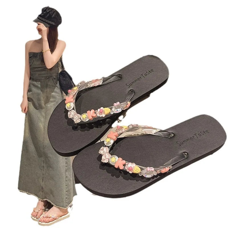 Flip-flops women's summer indoor beach shoes seaside wear eva cute bath transparent flowers non-slip