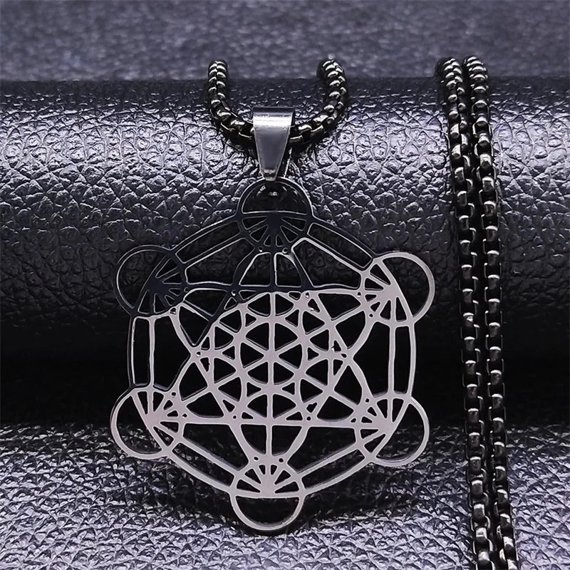 Flower of Life Chakra Spiritual Necklace for Women Stainless Steel Sacred Geometry Metatron Cube Salomon Men collar Jewelry