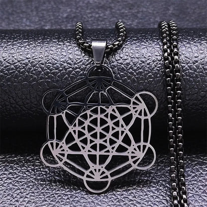 Flower of Life Chakra Spiritual Necklace for Women Stainless Steel Sacred Geometry Metatron Cube Salomon Men collar Jewelry