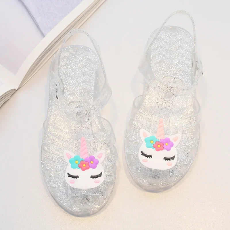New Child Sandal Cute Girl Boy Beach Cave Shoe Transparent Glitter Jelly Crystal Kid Princes Shoe Breathable Roman Beach Sandal