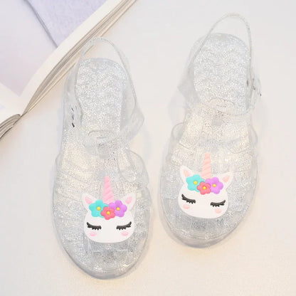 New Child Sandal Cute Girl Boy Beach Cave Shoe Transparent Glitter Jelly Crystal Kid Princes Shoe Breathable Roman Beach Sandal