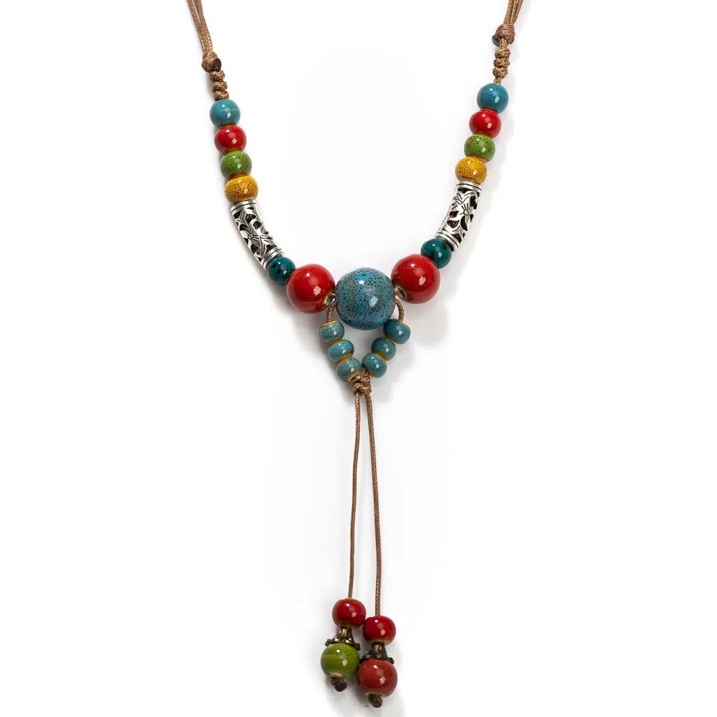 Ceramic Harmony Necklace – Artisan Bohemian Ethnic Turquoise Inlay Multicolor Adjustable Leather Cord Handcrafted X865