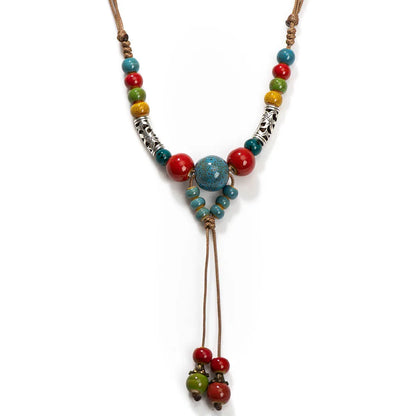 Ceramic Harmony Necklace – Artisan Bohemian Ethnic Turquoise Inlay Multicolor Adjustable Leather Cord Handcrafted X865