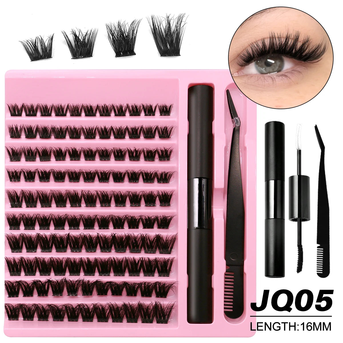 GROINNEYA DIY Lash Extension Kit Lash Clusters With Waterproof Strong Hold Lash Bond And Seal And Eyelash Tweezers Lash Cluster