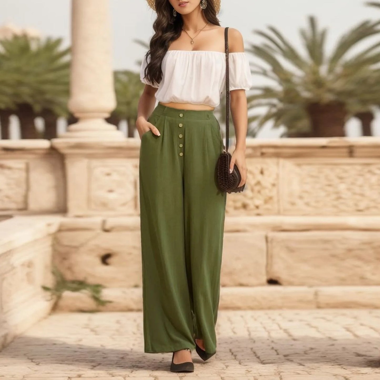 Pants For Women Summer Autumn Flowy Cotton Wide Leg Palazzo Pants Long Slacks High Waist Button Trousers Female Trousers