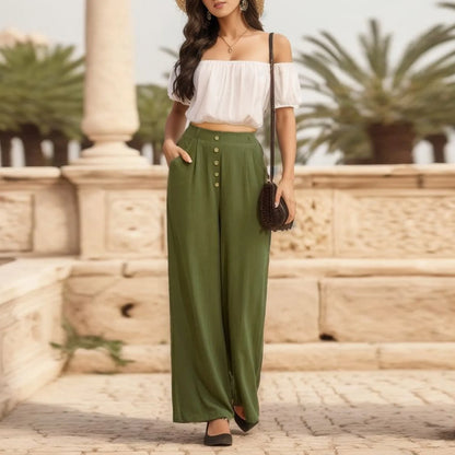 Pants For Women Summer Autumn Flowy Cotton Wide Leg Palazzo Pants Long Slacks High Waist Button Trousers Female Trousers
