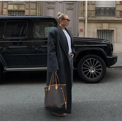 Retro Striped Lapel Woolen Long Coat Women Casual Loose Dark Grey Oversize Coats Female Winter Elegant Chic Outwear