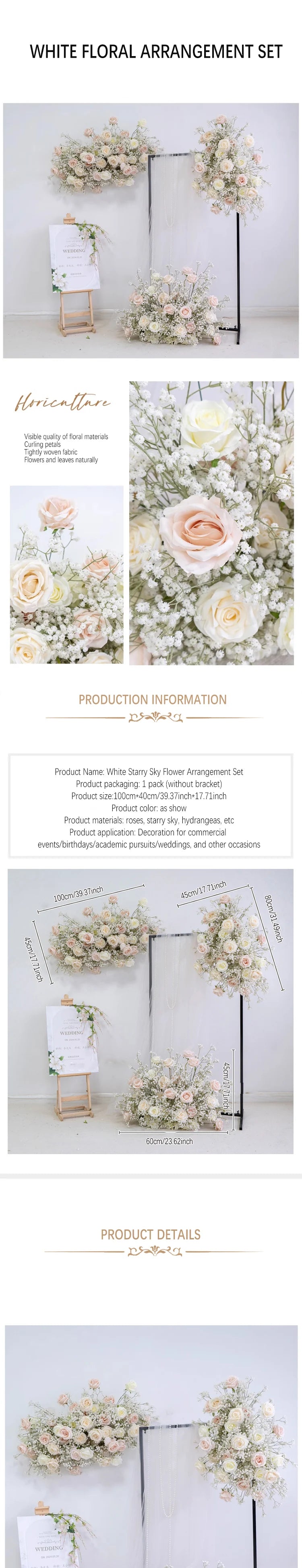 Luxury White Rose Babys breath Artificial Flower Row Wedding Backdrop Arch Decor Hang Floral Arrangement Event Party showcase