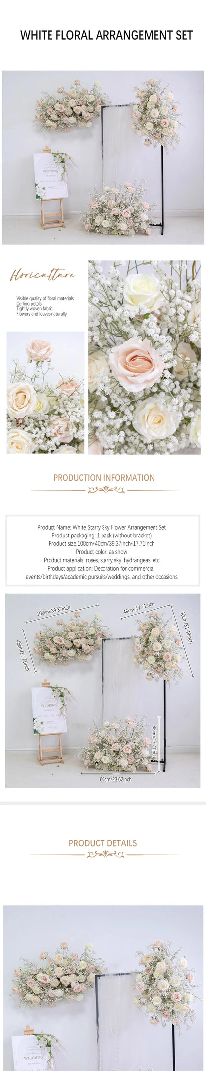Luxury White Rose Babys breath Artificial Flower Row Wedding Backdrop Arch Decor Hang Floral Arrangement Event Party showcase
