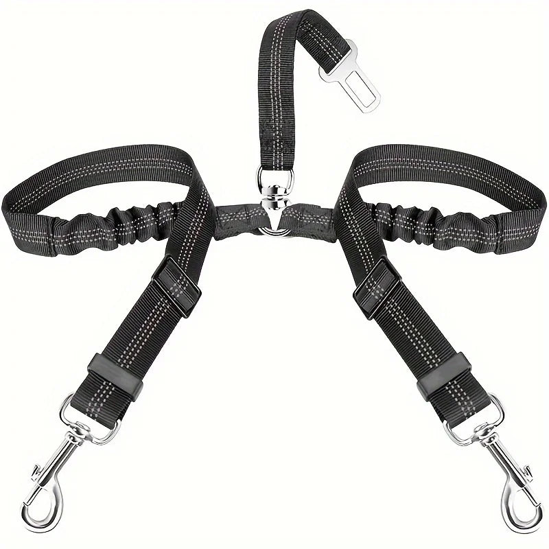 Dog Seat Belt, Double Dog Seatbelt Adjustable Vehicle Safety Leash with Elastic Bungee Buffer, Reflective No Tangle Y Shape Two