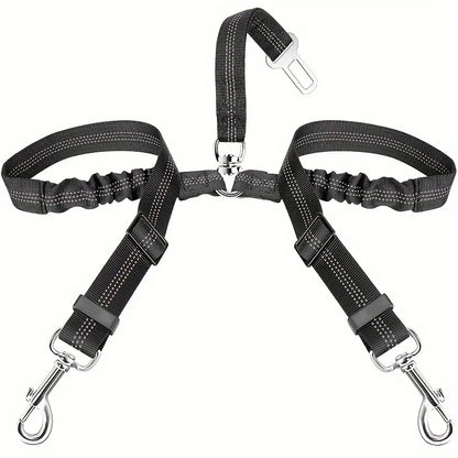 Dog Seat Belt, Double Dog Seatbelt Adjustable Vehicle Safety Leash with Elastic Bungee Buffer, Reflective No Tangle Y Shape Two