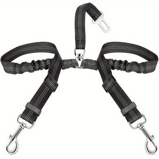 Dog Seat Belt, Double Dog Seatbelt Adjustable Vehicle Safety Leash with Elastic Bungee Buffer, Reflective No Tangle Y Shape Two