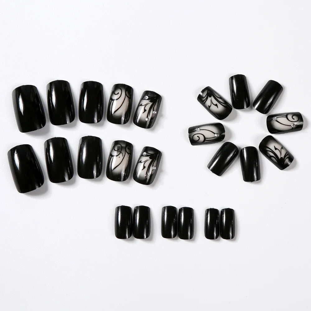 24pcs Glossy Black Flower Press on Nails with Rhinestones Wearable Short Square False Nails Finished Reusable Press on Nails
