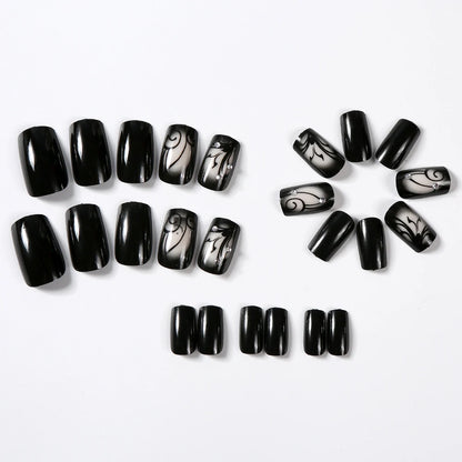 24pcs Glossy Black Flower Press on Nails with Rhinestones Wearable Short Square False Nails Finished Reusable Press on Nails