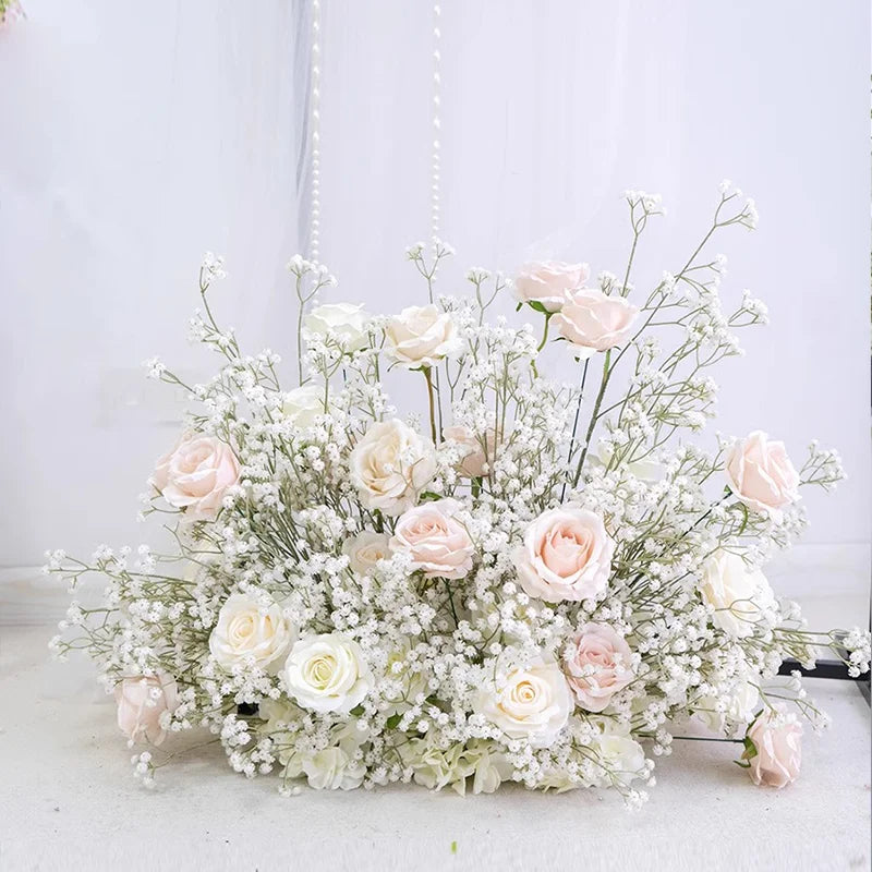 Luxury White Rose Babys breath Artificial Flower Row Wedding Backdrop Arch Decor Hang Floral Arrangement Event Party showcase