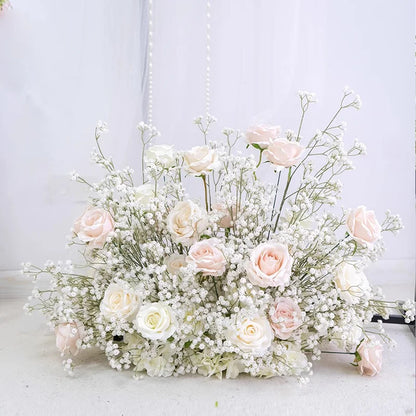 Luxury White Rose Babys breath Artificial Flower Row Wedding Backdrop Arch Decor Hang Floral Arrangement Event Party showcase