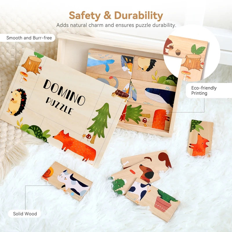 The Baby Montessori Domino Puzzle Toy Features Cartoon Patterned Dominoes With Smooth Edges That Are Super Fun For Babies