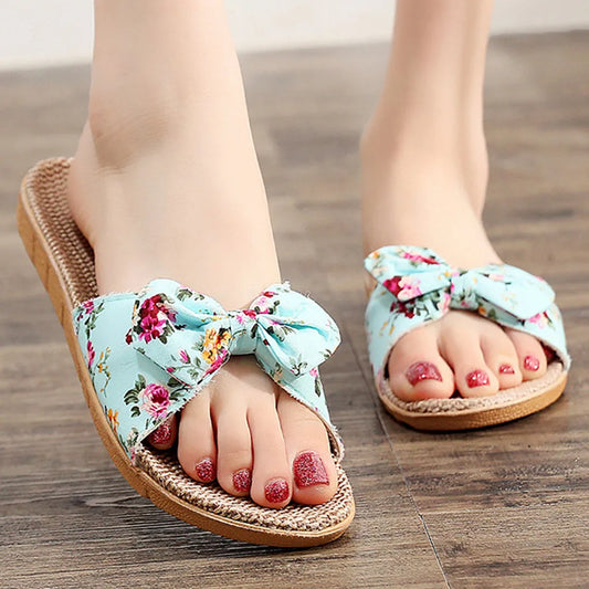 Sandalias Mujer 2024 Hot Women Female  Bowknot Flax Linen Flip Flops Beach Shoes Sandals Slipper SandáLias Femininas 여름샌들