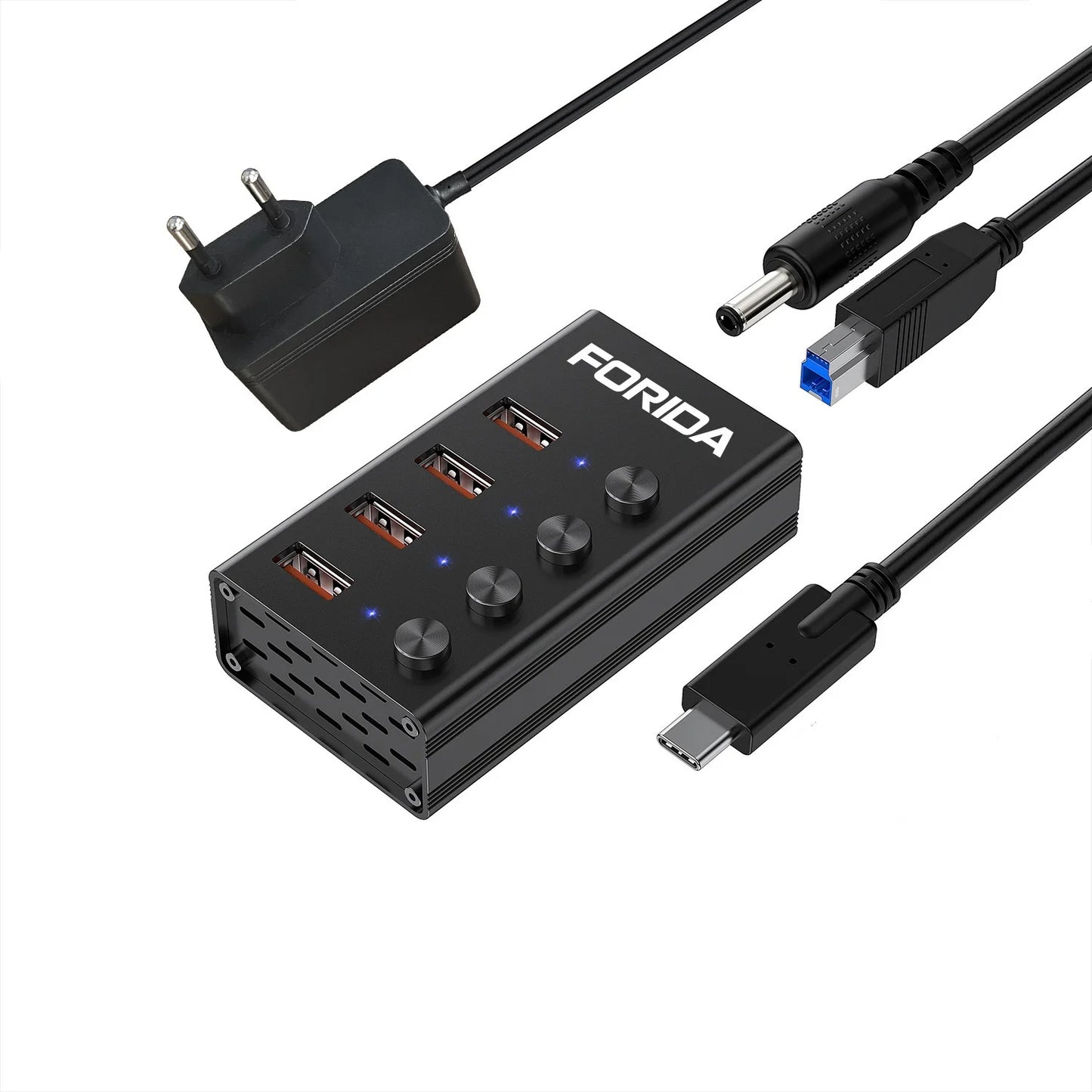 FORIDA USB C Hub 3.2 10Gbps 4/7 Port Aluminium Alloy Docking Stations Splitter LED Switches Adapter for MacBook Laptop Phone