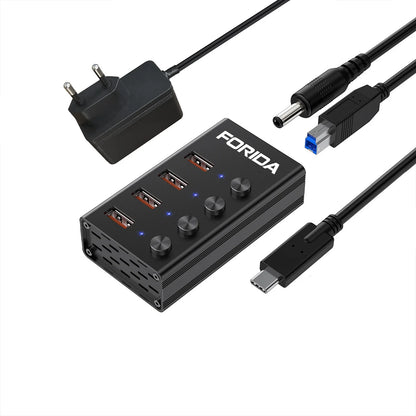 FORIDA USB C Hub 3.2 10Gbps 4/7 Port Aluminium Alloy Docking Stations Splitter LED Switches Adapter for MacBook Laptop Phone