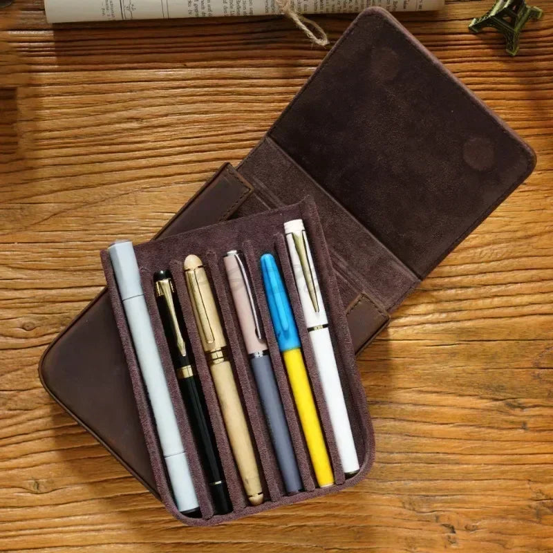 Crazy Horse Leather Pen Box Handmade Magnetic Drawer Style Student Pen Bag Storage Box Office Student Supplies