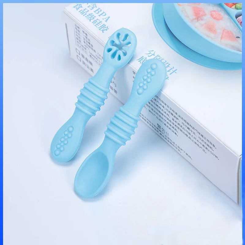 Food Grade Silicone Baby Training Fork Spoon Set for Teeth Grinding Complementary Rice Paste Baby Feeding Tableware